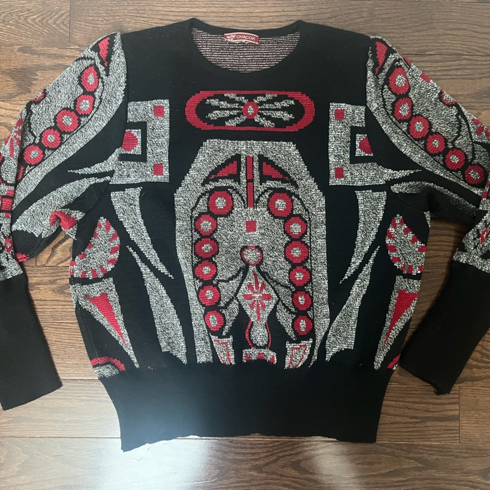 Chacok black, silver, red puff sleeve sweater